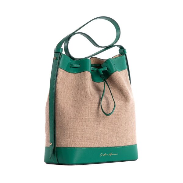 drawstring designer leather and canvas bucket bag green cri-lf-03-6 img2