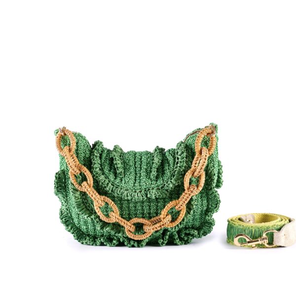 fun summer purse with ruffle applique and wicker handle green VIA-R-01-10 img1