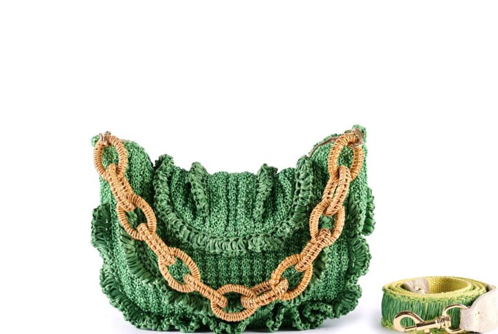 fun summer purse with ruffle applique and wicker handle green VIA-R-01-10 img1