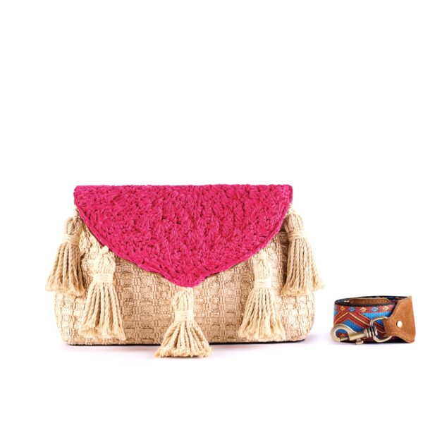 jacquard raffia purse with embroidered cap and tassels beige pink VIA-R-05-9 img1