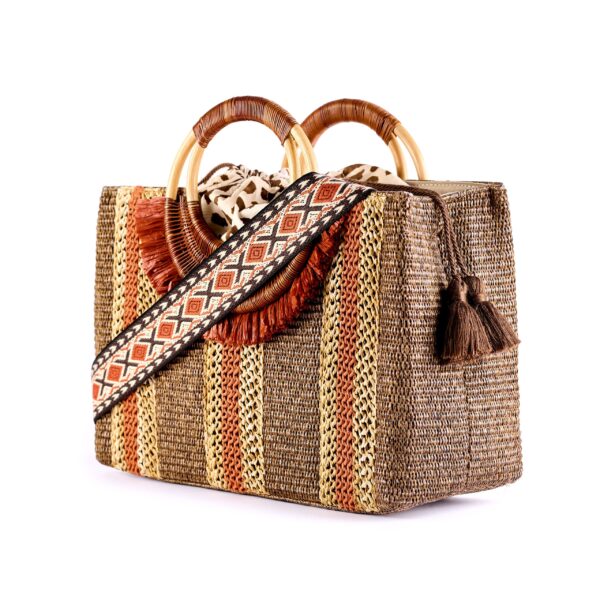 striped tote with embroidered fringe and wicker handle brown VIA-R-02-17 img2