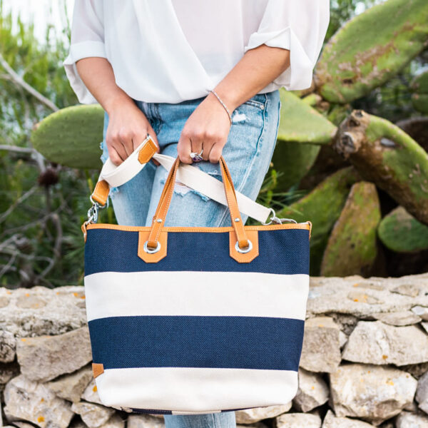 blue and white striped beach bag with removable shoulder strap blue white straped bon