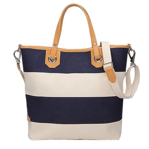 blue and white striped beach bag with removable shoulder strap bon