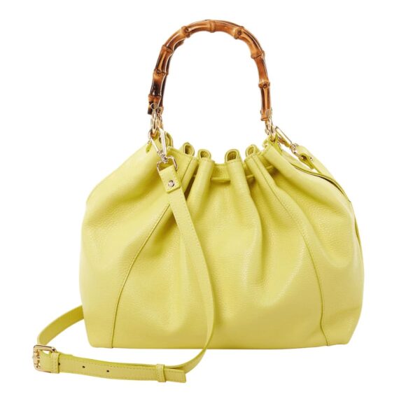 designer leather tote with adjustable strap and bamboo handles yellow