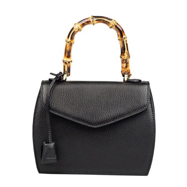 pebbled leather grab bag with bamboo handle black BUT-1HA04-01 img1