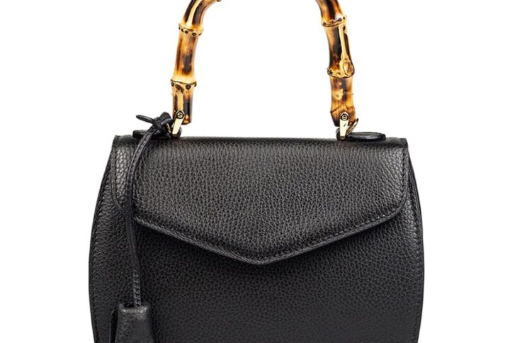 pebbled leather grab bag with bamboo handle black BUT-1HA04-01 img1