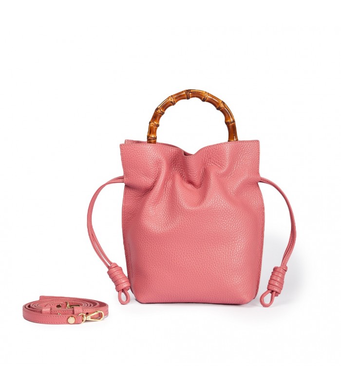 small drawstring soft leather purse with bamboo handles pink rob-l-08-6 img1